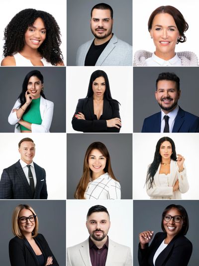 A diverse group of twelve professional headshots in business attire.