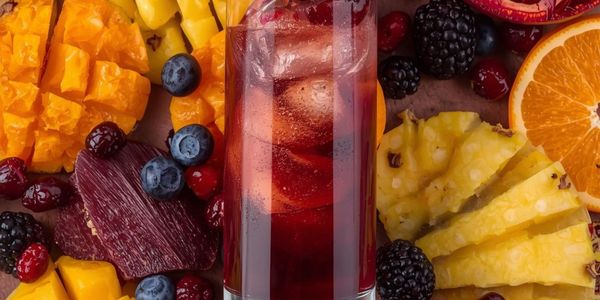 A refreshing red fruit drink with assorted fresh fruits surrounding it.