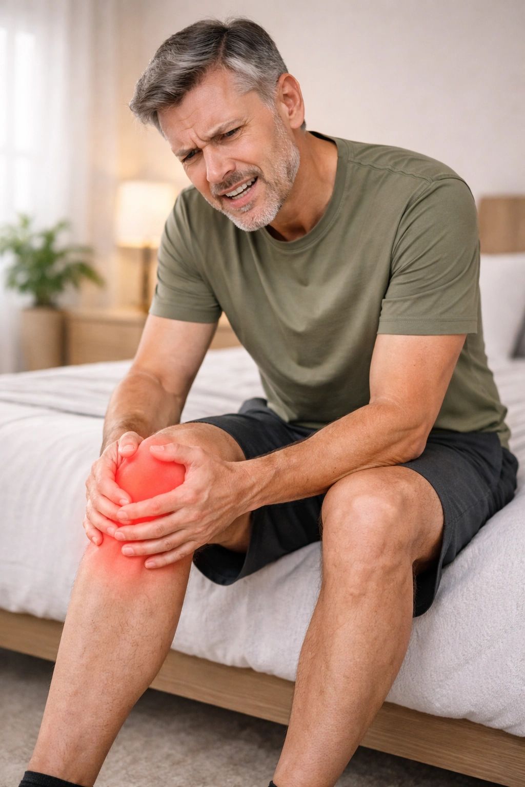 Man sitting on bed holding his painful knee with redness indicating injury.