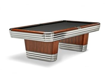 Modern pool table with black felt and chrome accents.