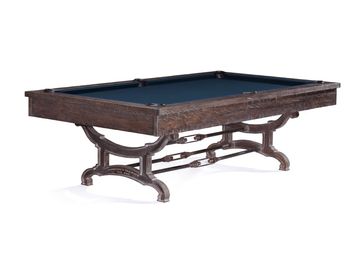 Elegant pool table with dark wood and blue felt surface.