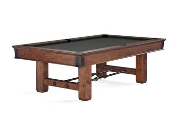 A wooden pool table with dark felt and sturdy legs.
