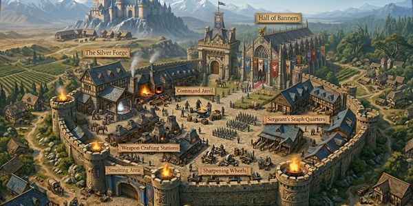 Medieval fortress with labeled craft and training areas inside stone walls.