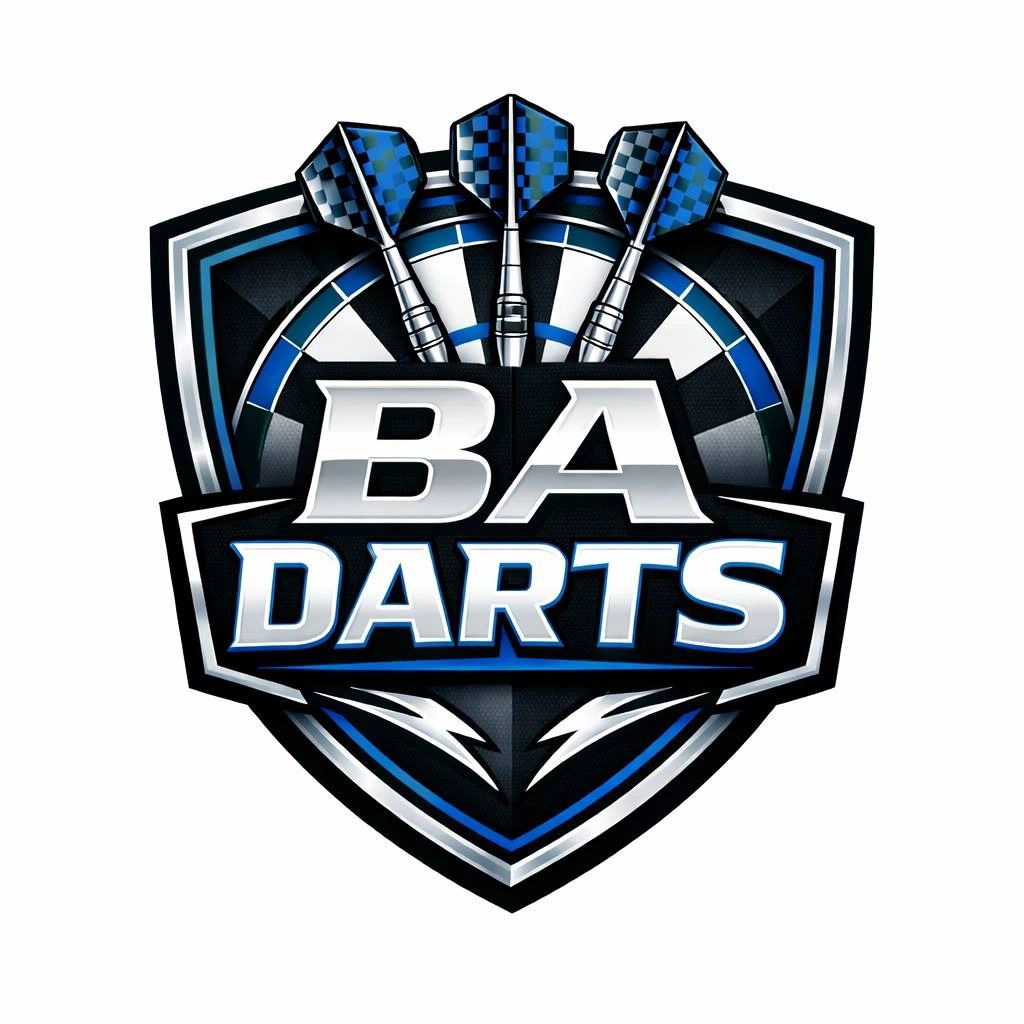 BA Darts logo featuring three blue-checkered darts and a dartboard.
