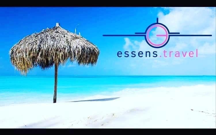 Essens Travel logo and beach with woven beach umbrella