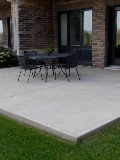 Outdoor patio with metal table and chairs on concrete slab.
