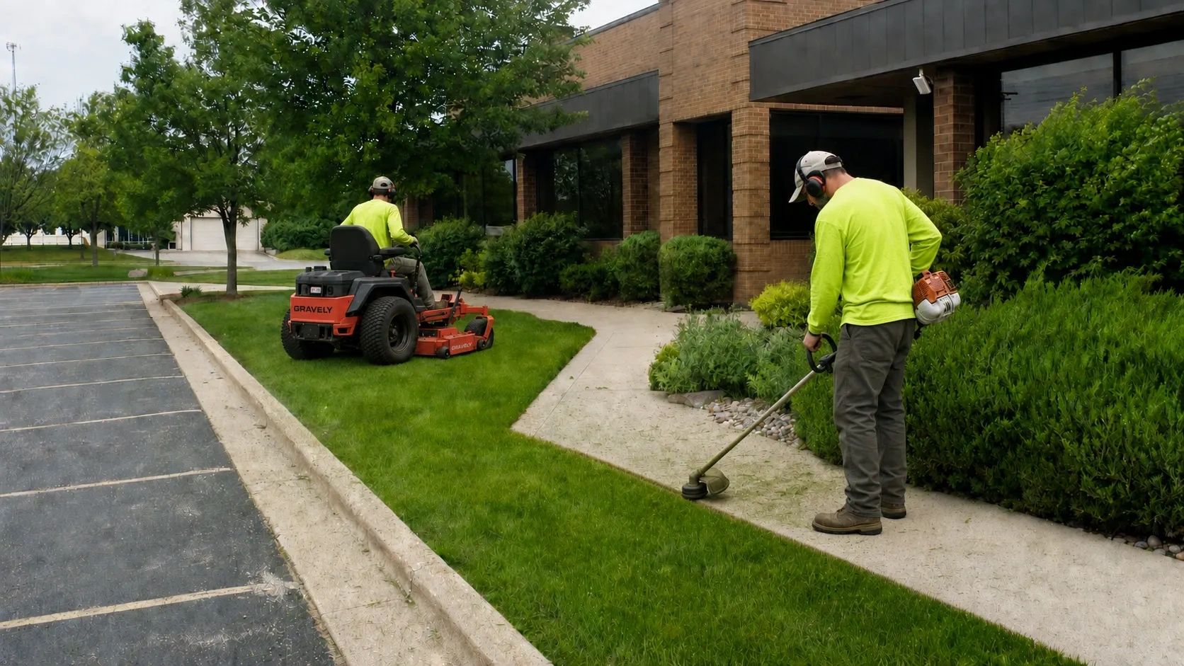 Two workers mowing grass outside a building.