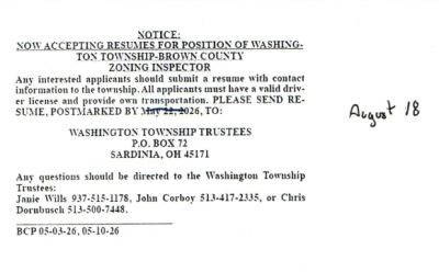 Notice accepting resumes for Washington Township zoning inspector.