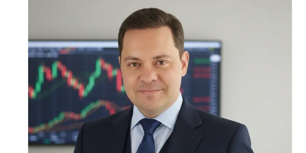 Confident businessman in a suit holding a tablet and pen, with financial charts in the background.