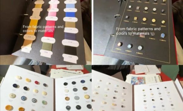 Collage of fabric swatches, buttons, and material samples for design inspiration.