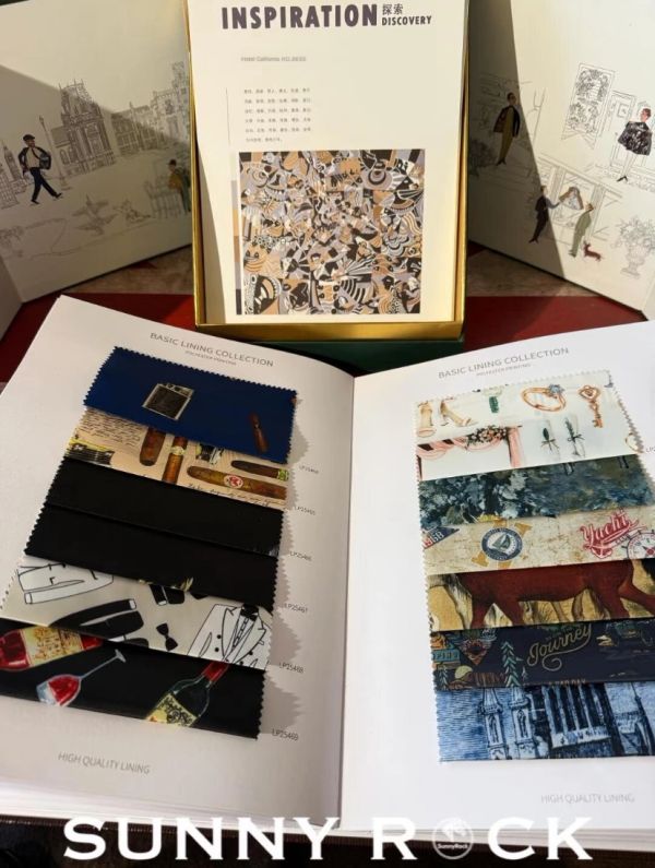 Fabric swatches displayed in a high-quality lining collection book for inspiration.