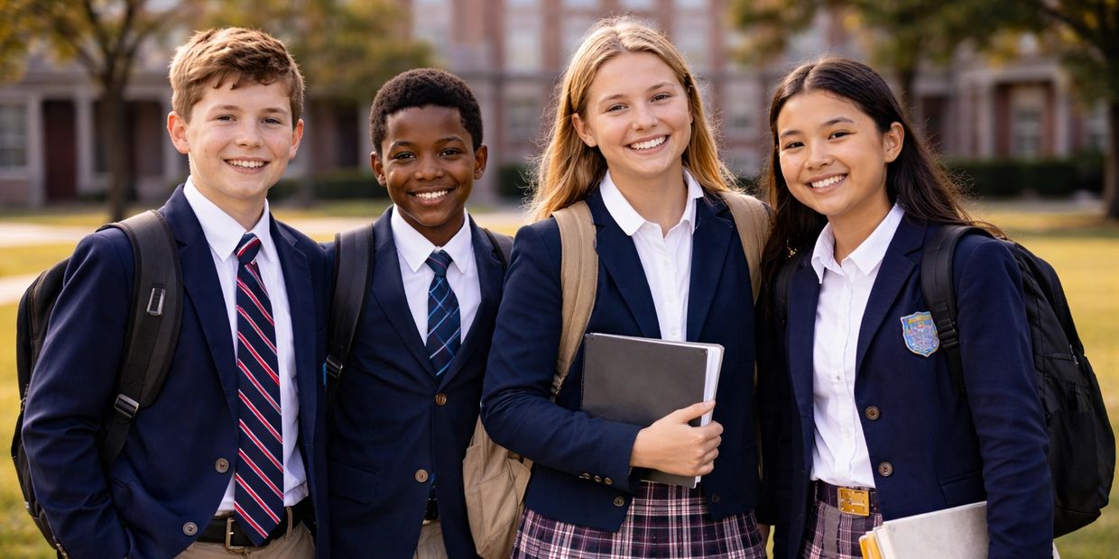 Four diverse students in school uniforms smiling outdoors with backpacks and books.