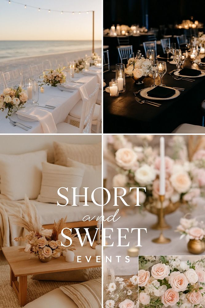 Elegant event setups with floral decorations and candlelight.