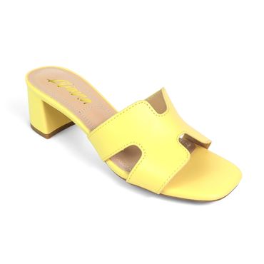 Yellow open-toe heeled sandal with a block heel.
