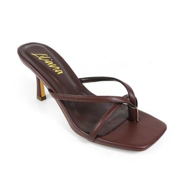 Elegant brown heeled sandal with thin straps and square toe.