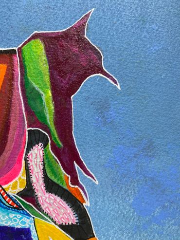 Details of Art piece, Colourful lady in a dream dress. Abstract, Surreal and figurative Art.
