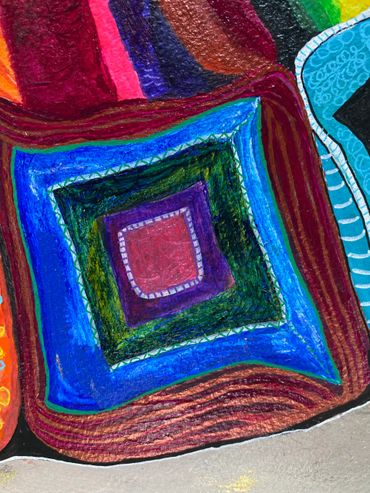 Details of Art piece, Colourful lady in a dream dress. Abstract, Surreal and figurative Art.