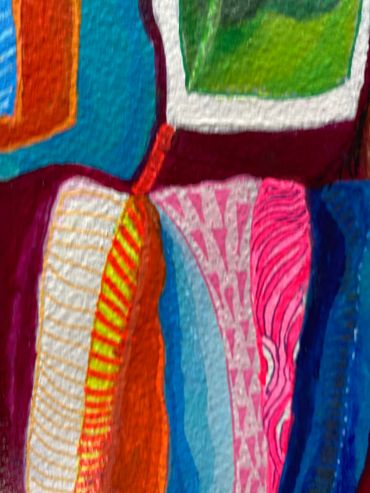 Details of Art piece, Colourful lady in a dream dress. Abstract, Surreal and figurative Art.
