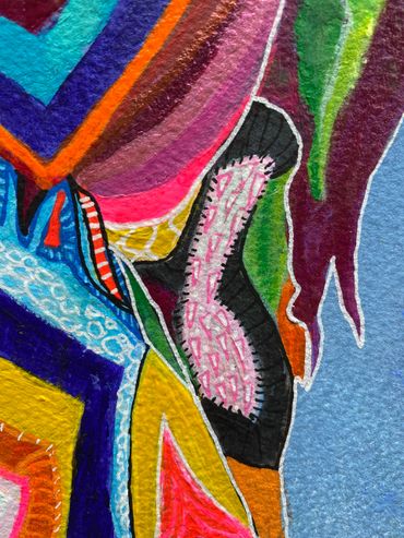 Details of Art piece, Colourful lady in a dream dress. Abstract, Surreal and figurative Art.