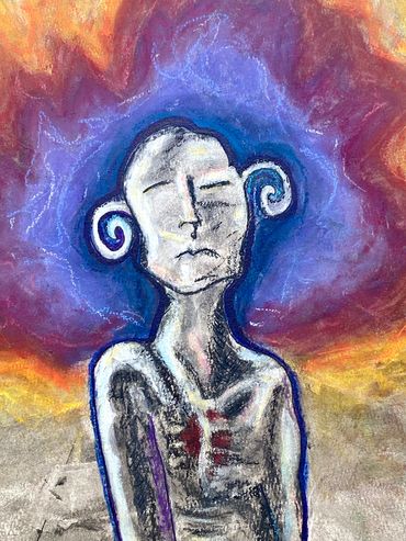 Details of figurative Art painting, ‘Burning Man’. Charcoal, Chalks, Mixed media on cotton paper.