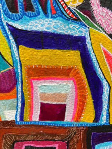 Details of Art piece, Colourful lady in a dream dress. Abstract, Surreal and figurative Art.