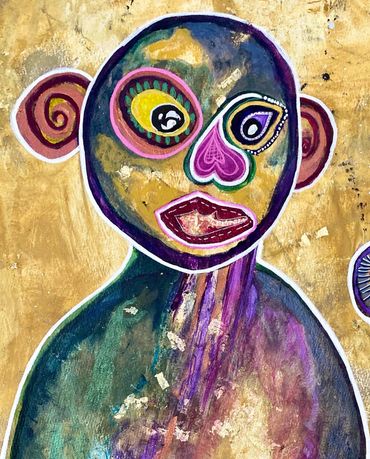 Figurative Art painting on cotton paper. Details of the artwork, tweet of a hummingbird.