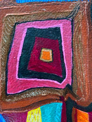 Details of Art piece, Colourful lady in a dream dress. Abstract, Surreal and figurative Art.