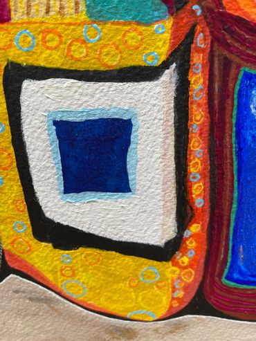 Details of Art piece, Colourful lady in a dream dress. Abstract, Surreal and figurative Art.