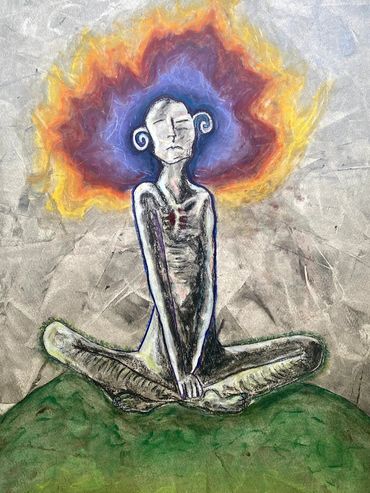 Details of figurative Art painting, ‘Burning Man’. Charcoal, Chalks, Mixed media on cotton paper.