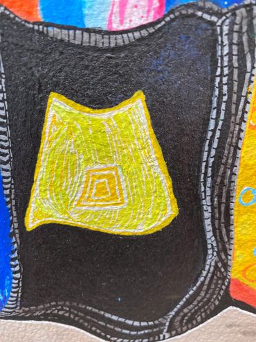 Details of Art piece, Colourful lady in a dream dress. Abstract, Surreal and figurative Art.