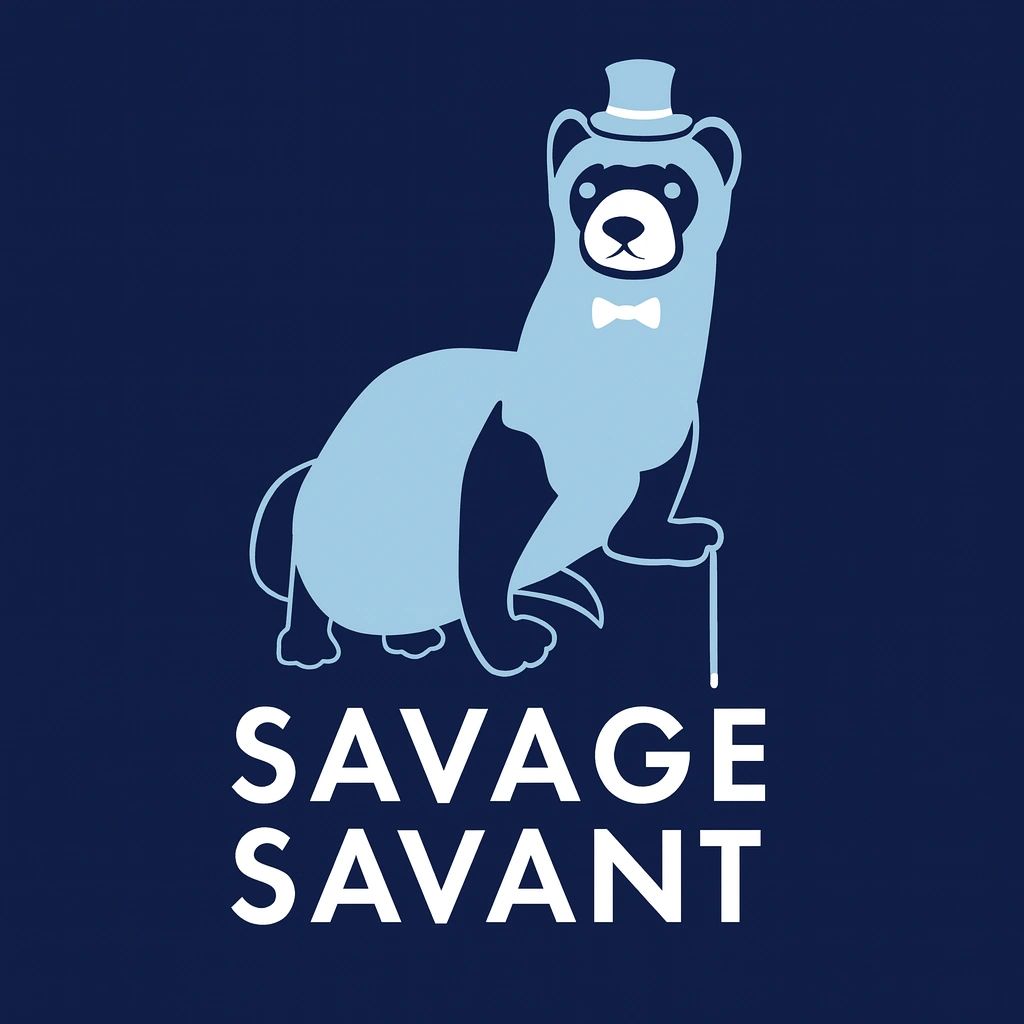 Illustration of a sophisticated bear with a top hat and cane, captioned 'Savage Savant'.