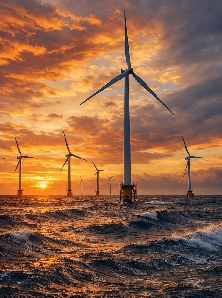 Offshore wind turbines at sunset with dramatic sky and waves.