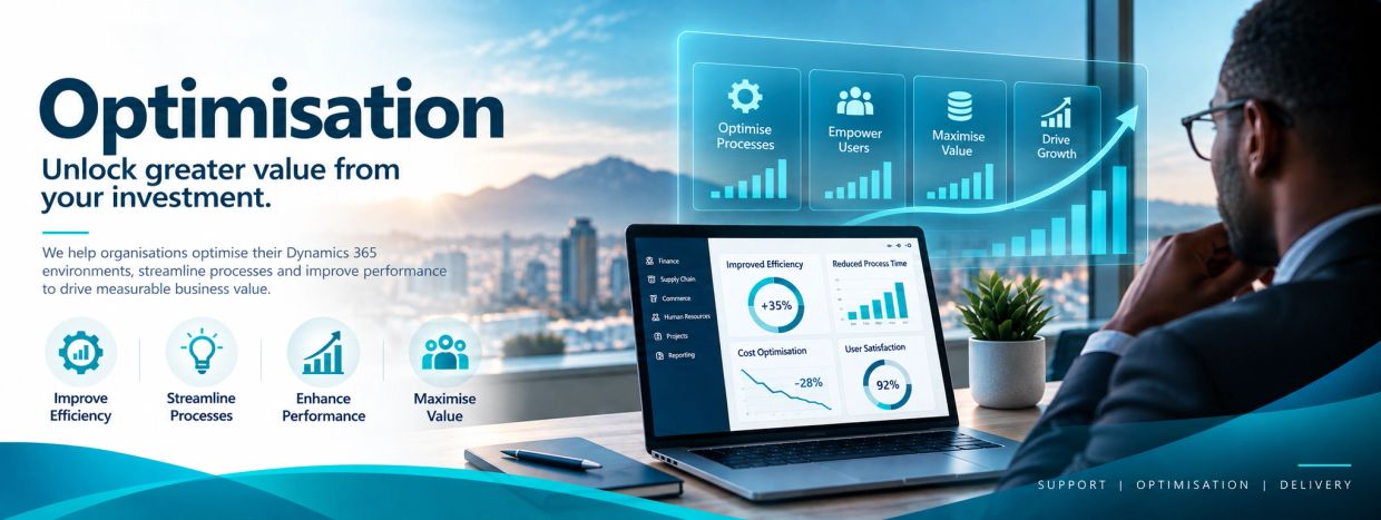 Businessman analyzes optimization data on laptop with city view.