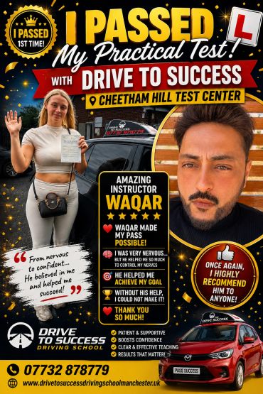 Celebrating a driving test pass with Drive to Success and instructor Waqar.