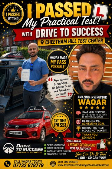 Man proudly holds driving test pass certificate next to a red car from Drive to Success Driving School.
