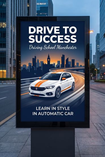 Driving school ad with a white car and city skyline at sunset.