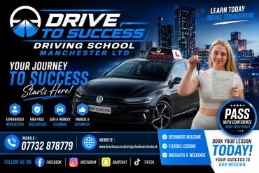 Drive to Success Driving School advertisement with contact and social media info.