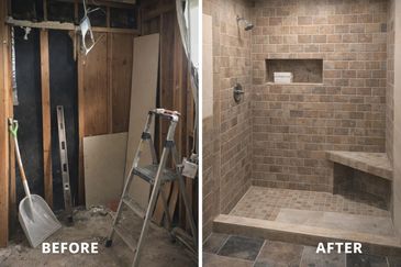 Before and after images of a shower renovation showing a bare frame and a finished tiled shower.