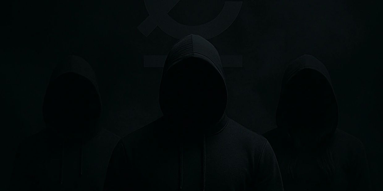 Three hooded figures shrouded in darkness with an ominous symbol behind them.