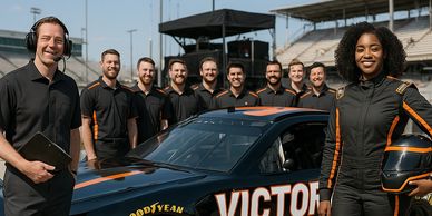 Pit crew and driver.