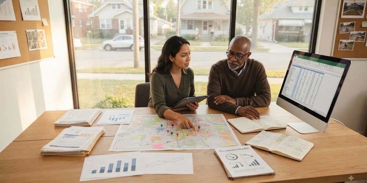 Two colleagues analyzing a map and data in a bright office.