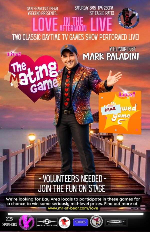 San Francisco Bear Weekend hosts live daytime TV game shows with Mark Paladini on SF Eagle Patio.