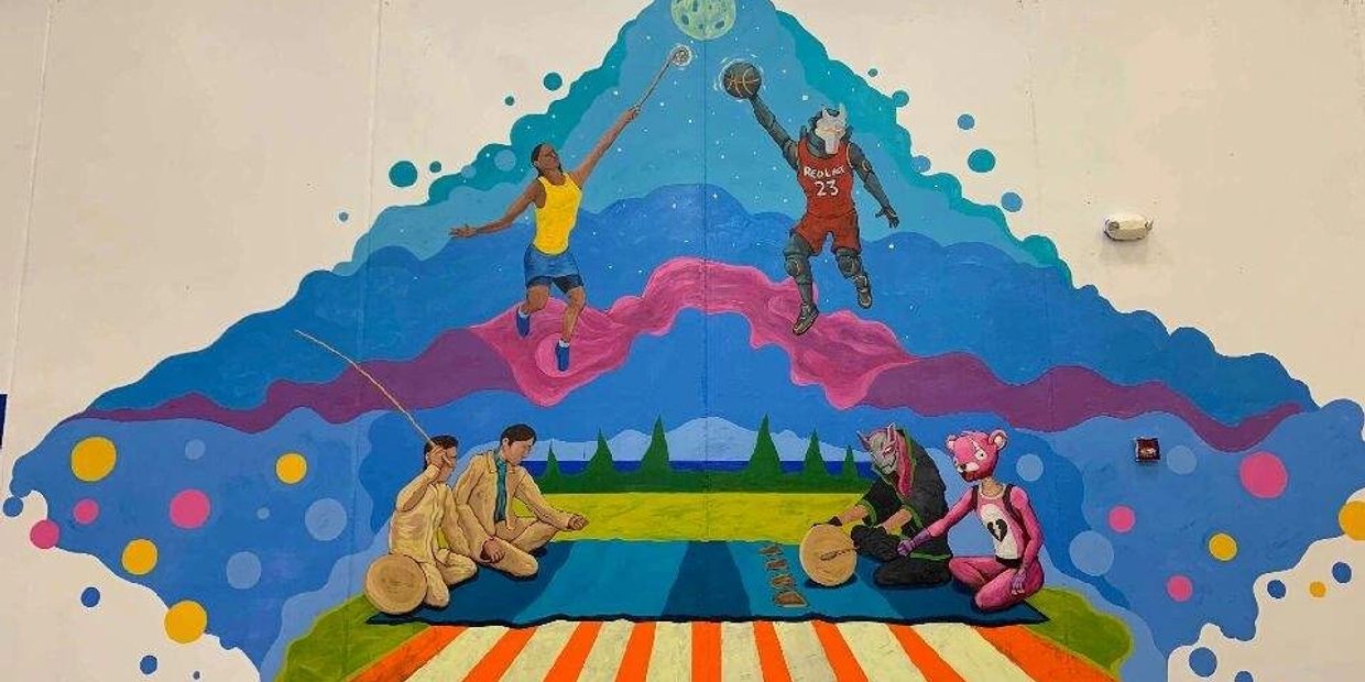 Red lake Minnesota lacrosse traditional mural wooden wood stick