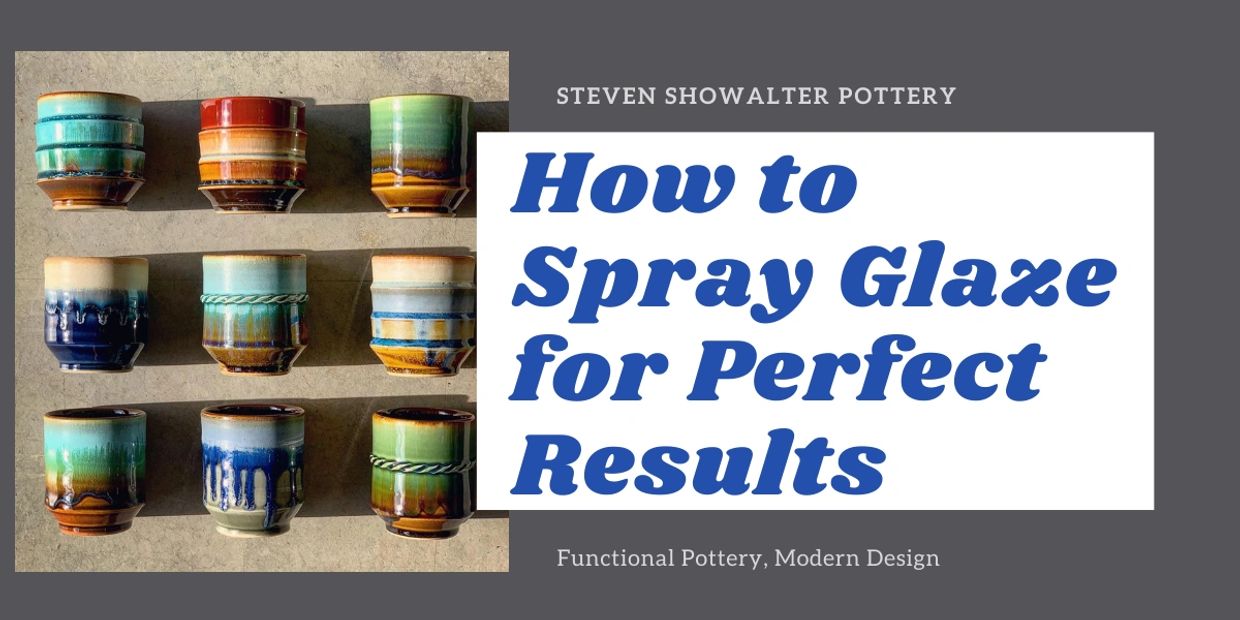 Colorful pottery cups with a guide on spraying glaze for perfect results.