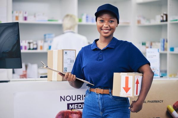 Smiling young delivery woman in a blue uniform and cap holds a clipboard and package in a pharmacy.