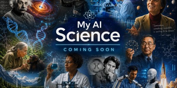 Promotional poster for 'My AI Science' featuring famous scientists and futuristic AI themes.