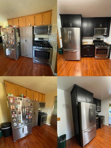 Before and after kitchen renovation showing updated cabinets and appliances.