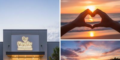 Firefly Outpatient recovery center, sun heart hands, ocean sunset. Recovery and hope.