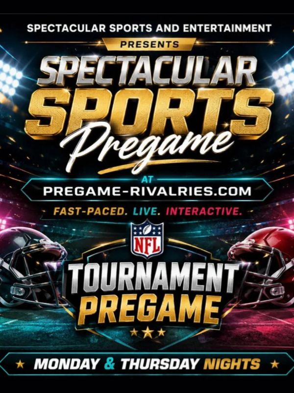 Advertisement for NFL Tournament Pregame show by Spectacular Sports.