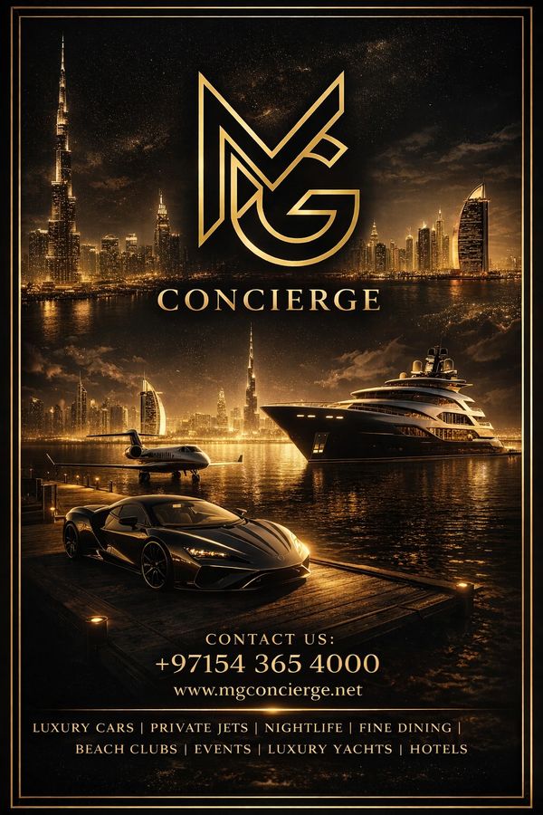 Luxury concierge services with cars, jets, yachts in a stunning cityscape at night.